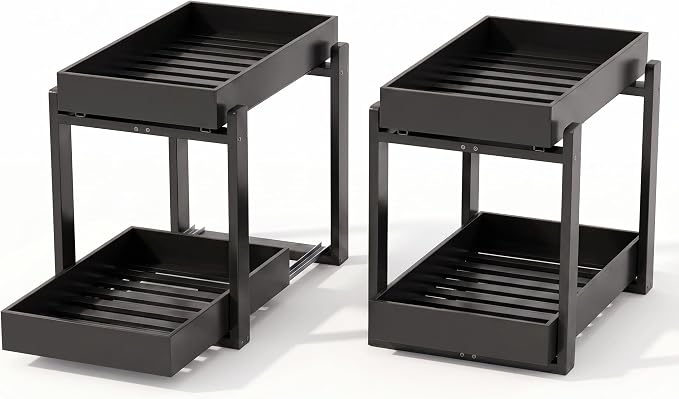 Bamboo Under Sink Organizer and Storage, 2 Pack Pull Out Cabinet Organization, 2 Tier Vertical Slide Out Undersink Storage Shelf, Multi-Purpose Organizer Shelves for Kitchen Bathroom Medicine