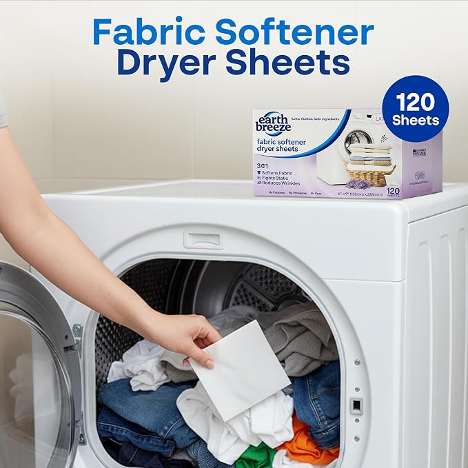 Earth Breeze Fabric Softener Dryer Sheets Lavender (1 Pack) | Hypoallergenic, No Harsh Chemicals, Safe Ingredients – Soft Clothes – Static Cling & Wrinkle Reducer – Gentle Fabric Care