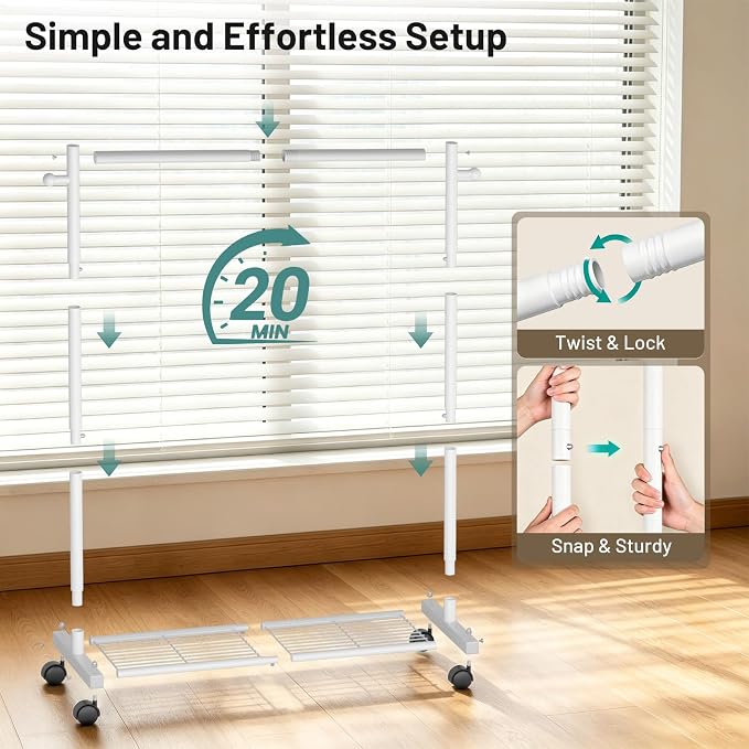 AOODA Short Clothing Rack for Hanging Clothes, Metal Small Clothes racks With Shelves, Heavy Duty Rolling Garment Racks on Wheels for Closet, Wardrobe (White)
