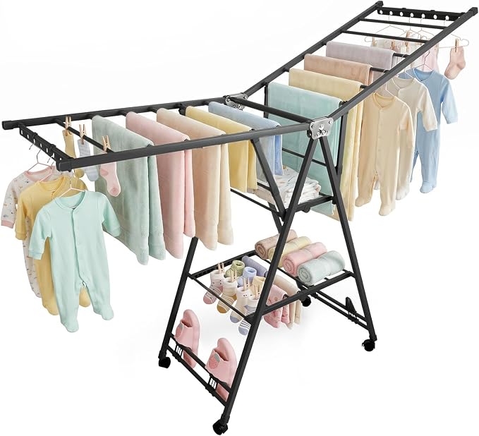Clothes Rack, 3-Tier Drying Hanger, for 30 Pieces+, Foldable and Space Saving, Portable, Indoor or Outdoor Use, Solid Metal Clotheshorse, Nice for Mum, Gray(1.6 m Wing Length)
