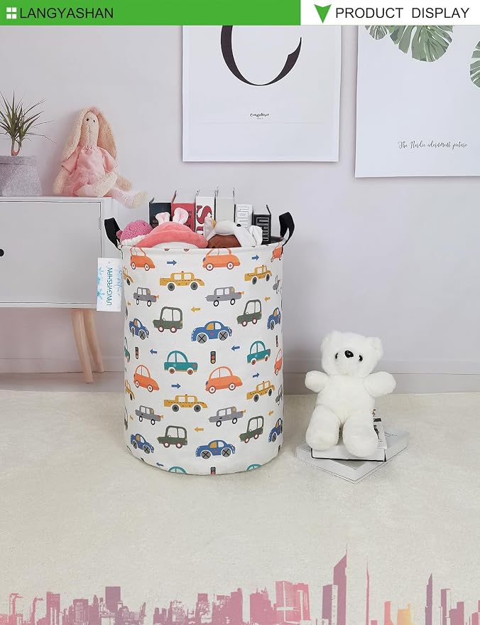 Round Laundry Basket Collapsible Storage Hamper Color Cars | Waterproof Canvas Foldable Baskets with sturdy Handles Multi-scene Organizer for Home Play Bedroom Gift Bin