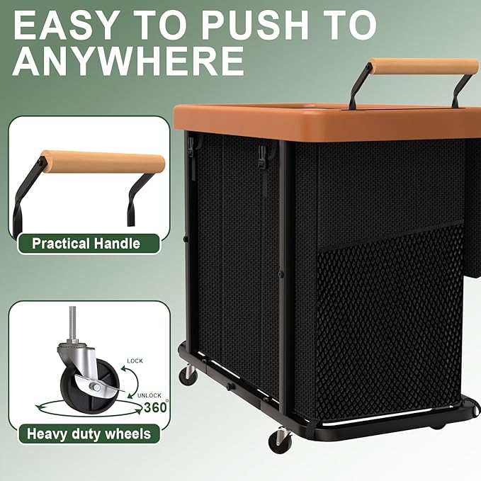 Laundry Hamper 3 Section with Lid,230L Rolling Dirty Clothes Hamper Black | Laundry Basket with Wheels,Laundry Organizer Storage Cart with Sturdy Metal Frame and Wooden Handle for Laundry Room, Hotel
