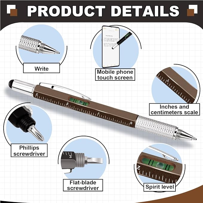 Zhanmai 16 Pcs 6 in 1 Multitool Pen Bulk Gift for Men Multi Tool Pen with Ruler Level Screwdriver Stylus Cool 40 Ink Refill Tool Gadget Birthday Christmas Stocking Stuffers (Black Gray Brown White)