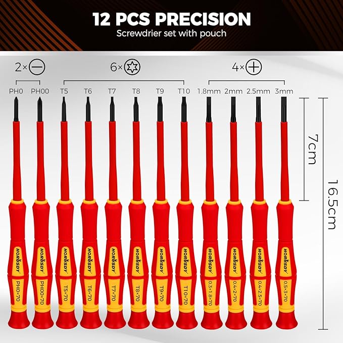 HORUSDY 12-Piece Precision Screwdriver Set, 1000V Insulated Electrician Screwdrivers with Magnetic Tips & Rotatable Top Cap, Phillips PH0/PH00, Slotted 1.8–3mm & Torx T5–T10 with Portable Storage Bag