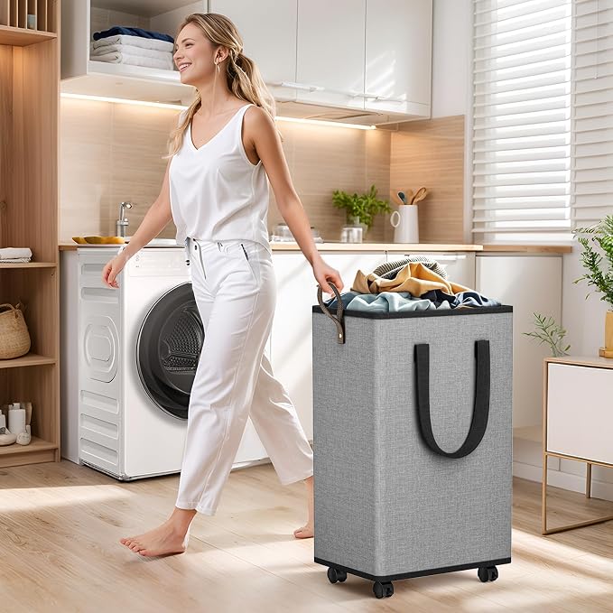 SpaceTrove Rolling Laundry Basket with Wheels, Laundry Hamper, 80L, Grey | Collapsible, 4 detachable wheels including 2 with brakes, sturdy handle, metal frame, for dorms, bathrooms and bedrooms
