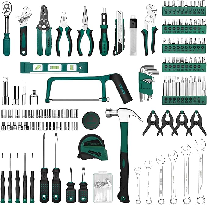 DEKOPRO Tool Set: 228 Piece Home Tool Kit, Household Basic Repair Tool Set Comes with Storage ToolBox, Socket Wrench Set for Car, Hand Tool Box Set for Home - Green