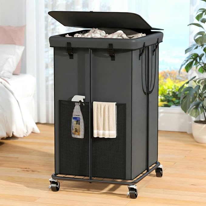 160L Laundry Hamper with Lid & Wheels, Rolling Laundry Basket with Bag | Sturdy Metal Frame | Laundry Bag with Handles| Large & Tall Clothes Hampers for Laundry Room, Bedroom, Dorm, Bathroom-Gray