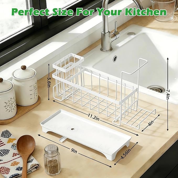 Sponge Holder for Kitchen Sink, Self-Draining Sink Caddy with Detachable Cloth & Dish Brush Rack, Metal Sponge Caddy Organizer for Kitchen Countertop Organizers and Storage Accessories, White