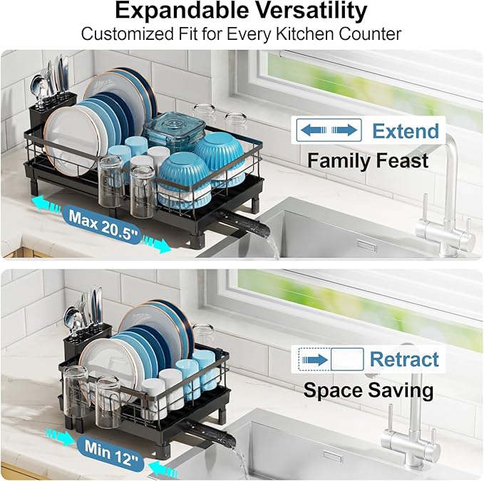 GSlife Expandable Dish Drying Rack - Countertop Drainer, 12-20.5", Black | Compact Extendable Design, Swivel Drain Spout, Cup and Utensil Holder, for Small Kitchen, RV, Countertop Dish Drainer Tray