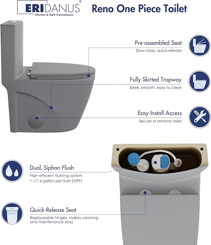 Eridanus Elongated One Piece Toilet with Powerful Siphon Dual Flush 1.1/1.6 GPF, 12" Rough-In Modern Bathroom Toilets with Comfort Soft Closing Seat Height 17", ADA Compliant Bowl, Light Gray