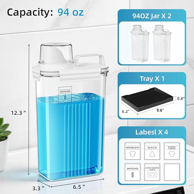 94oz Laundry Detergent Dispenser Container,Soap Dispenser,Black Tray,2 Pack | Fabric Softener Dispenser,Liquid Laundry Detergent Organizer for Laundry Room Organization