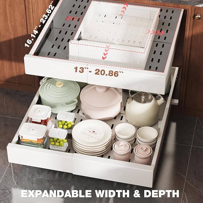 Seinloes 2 Pack Pull Out Cabinet Organizer Expandable Width(13"-21") and Depth(17"-24"), Slide Out Drawers With Raising Pad for Framed Cabinets, No Drill Roll Out Shelves for kitchen, Bathroom, White