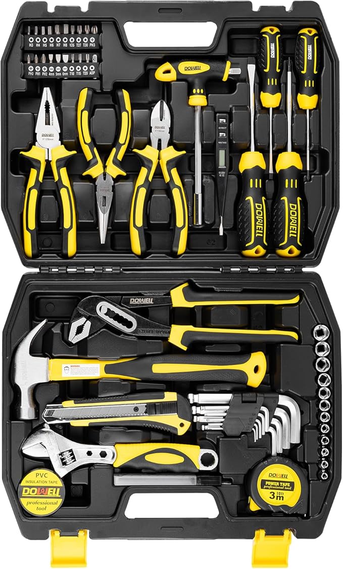 DOWELL Tool Set, 62PCS Tool Kit, Homeowner Wrench Pliers Screwdriver Set | Forged from high-quality steel, a variety of basic tools, for homeowners, handymen, easy storage and portability