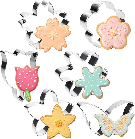 6 PCS Flower Cookie Cutters Set, Stainless Steel Flower Cookie Cutters, Butterfly Cherry Blossom Tulip Daisy Shaped Baking Tools for Home Baking, Party Favors