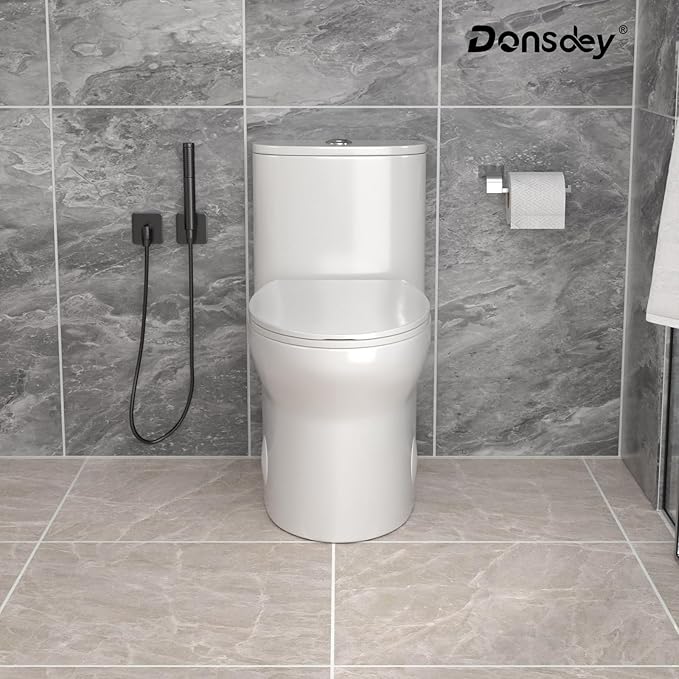 One Piece Toilet 12'' Rough Inch - White Ceramic Compact Toilets with 15.9" Soft Close Chair Seat 1.1/1.6 GPF Water Saving Dual Flush High Efficiency Easy to Clean 14.3''x26.3''x28.6''