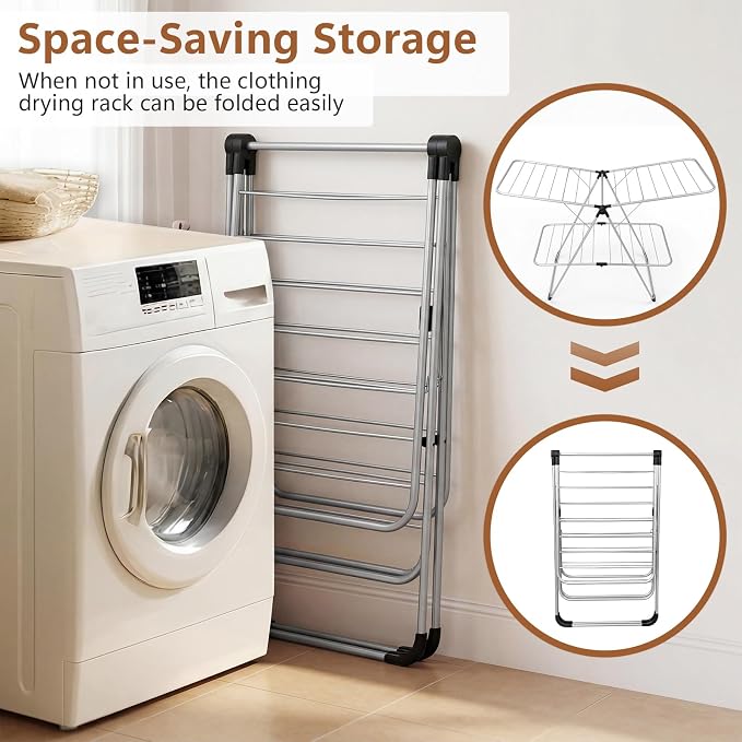 Giantex Foldable Clothes Drying Rack, 2-Tier Aluminum Laundry Drying Rack with Adjustable Wings, Freestanding Airer, Space-Saving, Portable Clothing Dryer Stand for Indoor and Outdoor Use
