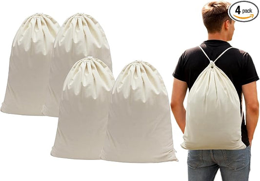 COTTON CRAFT Large Laundry Bag Backpack - 4 Pack Washable Utility Bag | Heavy Duty Durable Canvas Drawstring Closure Laundry Bag - Dorm Hamper Travel Laundry Organizer Sack - 18x24 inches - Natural