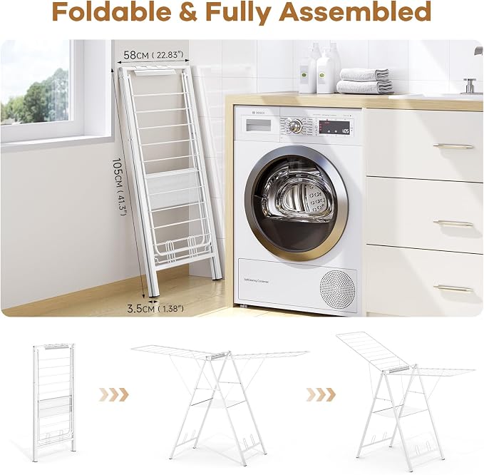 APEXCHASER 6 Height Adjustable Clothes Drying Rack with Shoe Slots, White | Pre-Assembled, Stable Load Structure, 22 Drying Rails, Foldable Space-Saving For Efficient Indoor & Outdoor Airflow Drying
