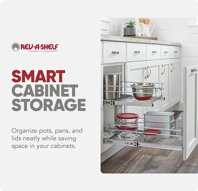 Rev-A-Shelf Pullout Organizer for Cabinets, Min Opening Width of 15" | Two-Tier Steel Shelf for Kitchen or Vanity Cabinet Organization, Heavy Gauge Wire Slide Out Storage Basket, 5WB2-1522CR-1