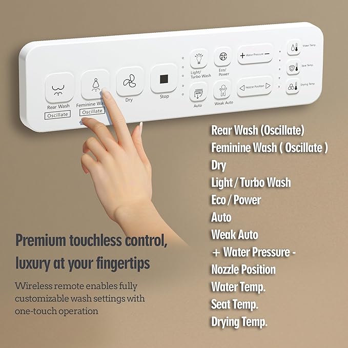 WLJBIDET Bidet Toilet Seat with Remote Control, Electronic Heated Bidet Seat with Adjustable Warm Water and Pressure, Warm Air Drying, Display Screen, Night Light, Slow Closed Toilet Lid, Round