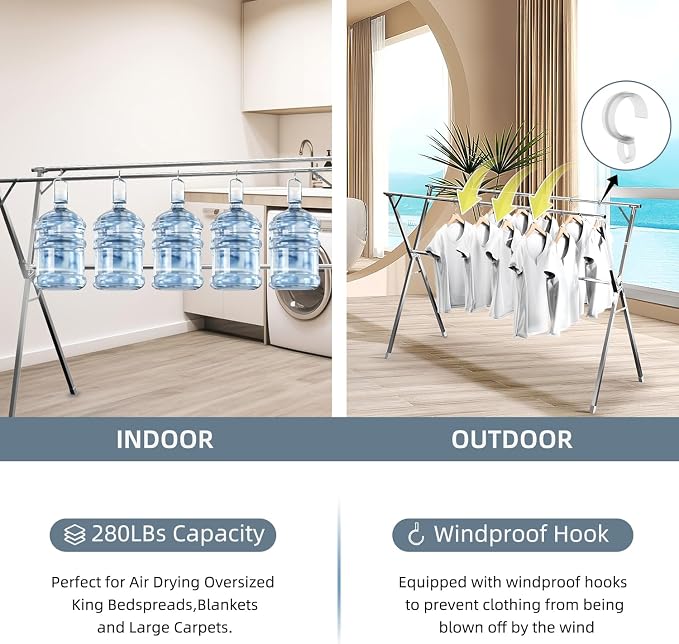 79" Clothes Drying Rack,Laundry Drying Rack Clothing for Indoor Outdoor | Adjustable Heavy Duty Stainless Steel Drying Rack, Foldable Portable Large Clothes Rack Garment Rack with 20 Windproof Hooks