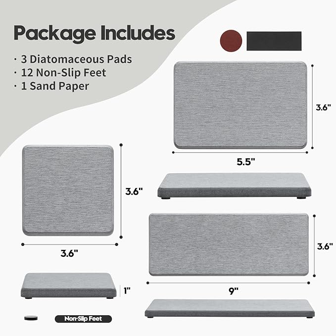 Razborci 3PCS Bathroom Sink Vanity Trays, Quick Stone Drying Mat Dish Soap Dispenser Sponge Holder for Kitchen Counter, Diatomaceous Earth Water Absorbing Caddy Organizer, Light Grey