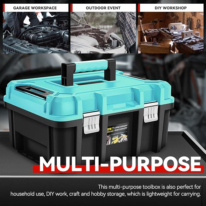 Auto Dynasty 17-Inch Tool Box, 2Pcs Toolboxes Organizer Storage with Removable Tray and Portable Handle for Garage Workshop Home Office Car Trunk, Blue