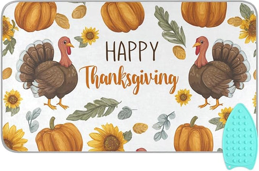 Ironing Mat Pad for Table Portable Travel Iron Blanket Ironing Board Covers Pressing Mat Heat Press Pads 27.6x47.2 Inches Thanksgiving Turkeys Sunflowers White37