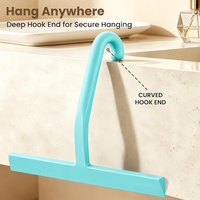 Shower Squeegee for Glass Doors - 10 Inch Bathroom Squeegee with Ergonomic Round Grip, Built-in Hook, Streak-Free No-Squeak Silicone Blade for Shower Glass, Tile Walls, Mirrors & Windows, Mint Green