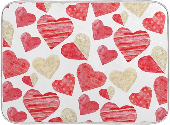 Red Gold Watercolor Hearts Love Dish Drying Mat 16x18 for Kitchen Valentine's Day Love Flowers Dishes Pad Dish Drainer Rack Mats Absorbent Fast Dry Kitchen Accessories
