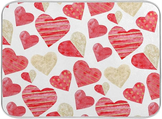Red Gold Watercolor Hearts Love Dish Drying Mat 16x18 for Kitchen Valentine's Day Love Flowers Dishes Pad Dish Drainer Rack Mats Absorbent Fast Dry Kitchen Accessories
