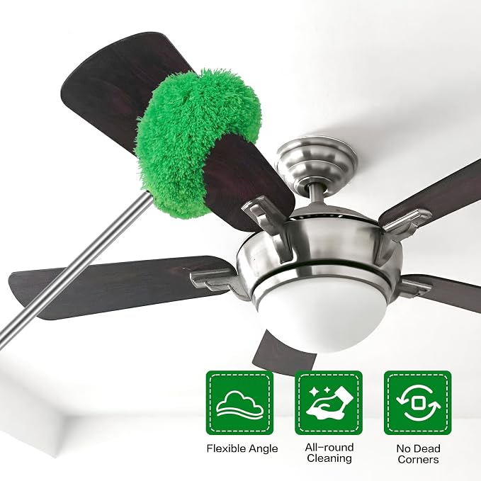 Ceiling Fan Cleaner Duster Reusable Microfiber Ceiling Fan Blade Cleaner Removable Duster with Extension Pole Adjusts 13 to 49.7 Inch for Cleaning Walls Bookshelves Furniture Door Window Top (Green)