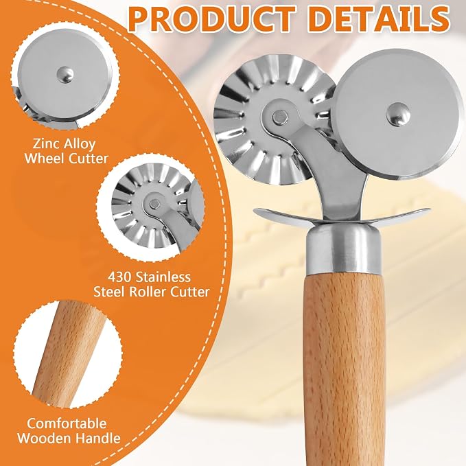 Pastry Cutter Tool, Pasta Cutter Wheel with Double Wheel Design & Comfortable Wooden Handle - Perfect for Pasta, Pizza, Ravioli & Cookie Making