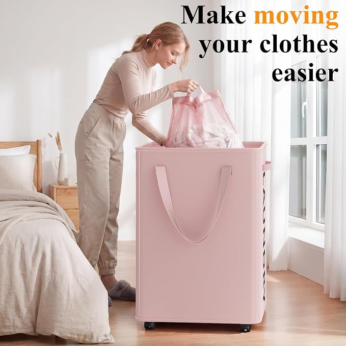Optish Pink Laundry Basket with Wheels, Dorm Room Essentials Girl, 90L Rolling Laundry Hamper with Wheels, Large Clothes Hamper on Wheel with Removable Mesh Bag for Bedroom, Dorm