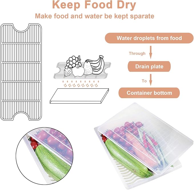 Food Storage Container, Plastic Food Containers with Removable Drain Plate and Lid, Stackable Portable Freezer Storage Containers - Tray to Keep Fruits, Vegetables, Meat and More (4,Large)