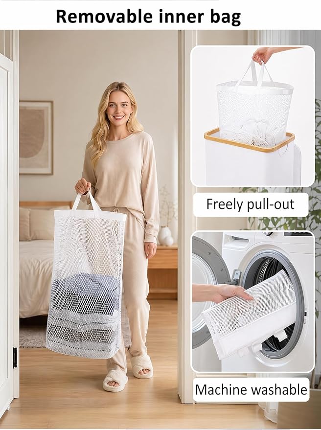 IEGrow Laundry Hamper with Lid,110L Laundry Basket with Mesh Bag,White | Dirty Clothes Hamper Basket with Bamboo Handle for Clothes Towels Organization