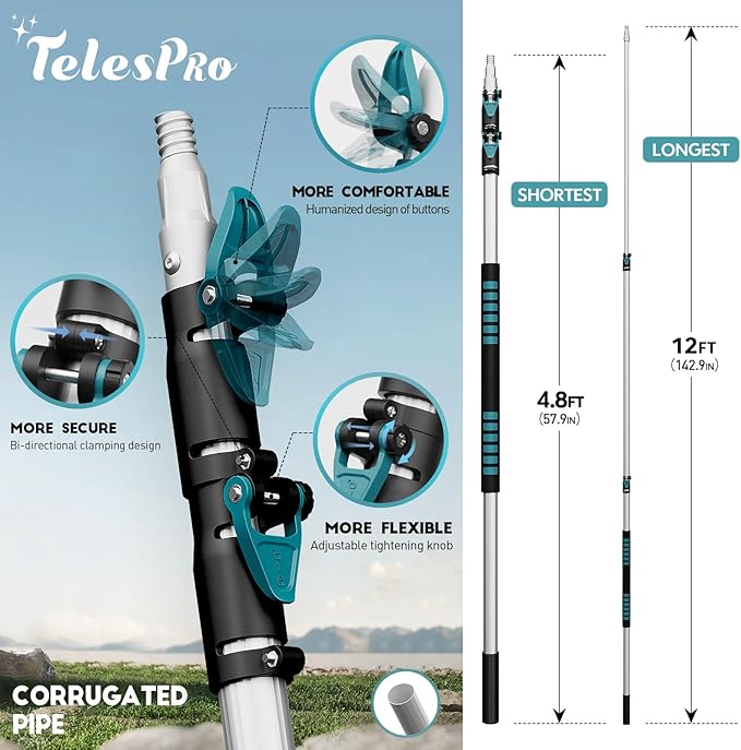 TelesPro 12FT Car Wash Brush with Long Handle, Car Cleaning Kit with Soft Wash Brush, Tire Brush, Window Squeegee, Microfiber Cleaning Head, Mitt, for House Siding, Auto Cars, Trucks, SUV, RV, Floors