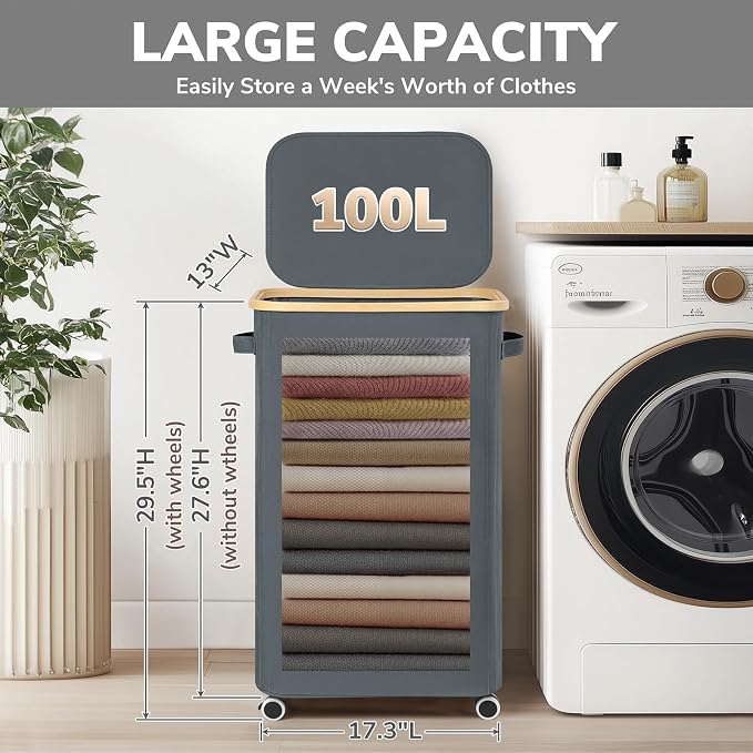 Goodpick 100L Large Rolling Laundry Hamper with Lid, Gray | Wheels Design, Removable Wash Bag, Collapsible, Bedroom & Bathroom Organization, Clothes, Blankets & Bedding Storage