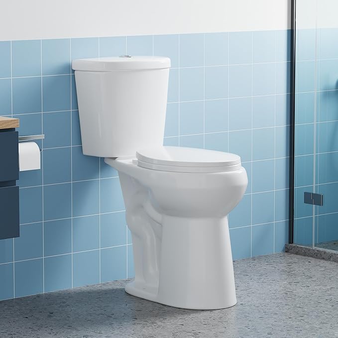 Two Piece Toilet, 21" Round ADA Comfort Height with Upgraded Flushing, Dual Flush Buttons (Top Mounted), Includes Soft-Close Seat & Hardware, White, 12" Rough-in