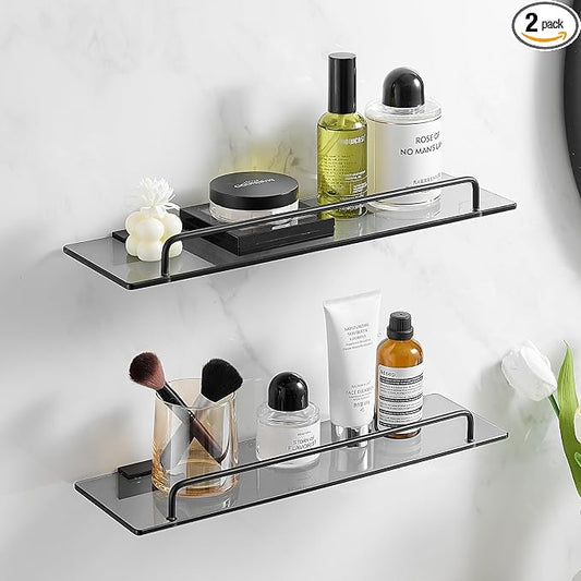 Voldra Glass Shelf for Bathroom, 2 Pack Adhesive Shower Shelves for Inside Shower No Drilling, Tempered Glass Showers Organizer with Guardrail Bathroom Shelf Storage Rack (Black)