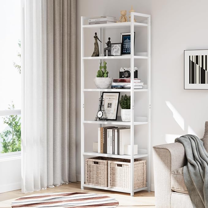 NUMENN Bookshelf, 6 Tier Freestanding Shelving Unit, White | Metal Frame & Wood Shelves, Falling Prevention Baffle, Open Storage Bookcase for Bedroom, Living Room & Home Office
