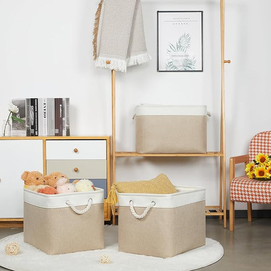 Bidtakay Large Storage Baskets for Organizing Fabric Closet Organizers Storage Bins with Handles 3-Pack 16x11.8x11.8 Inch Collapsible Baskets for Shelves Clothes Home Organization L-White&Beige