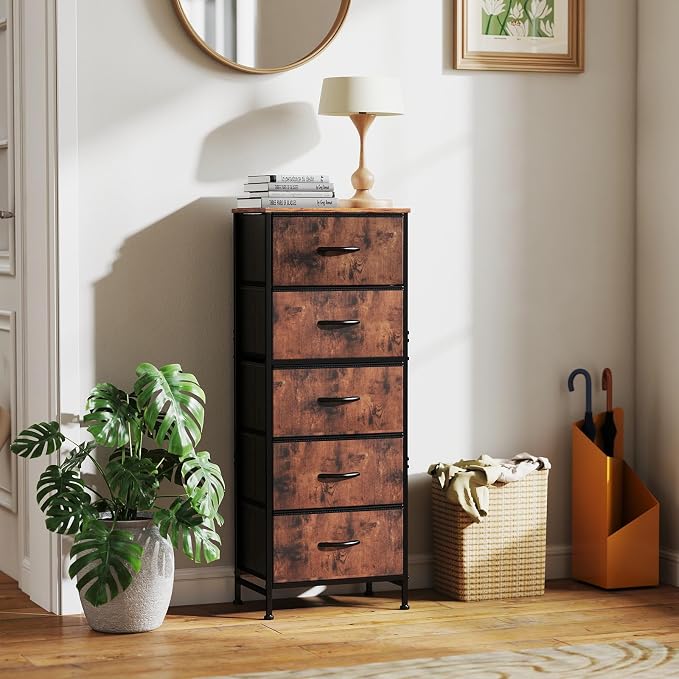Sweetcrispy 5 Storage Drawer Bedroom Dresser, Tall Dresser for Organizer | Chest of 5 Drawers for Home Storage, Narrow Nightstand, Durable Clothes Oragnizer, Sturdy Frame and Wooden Top, Brown