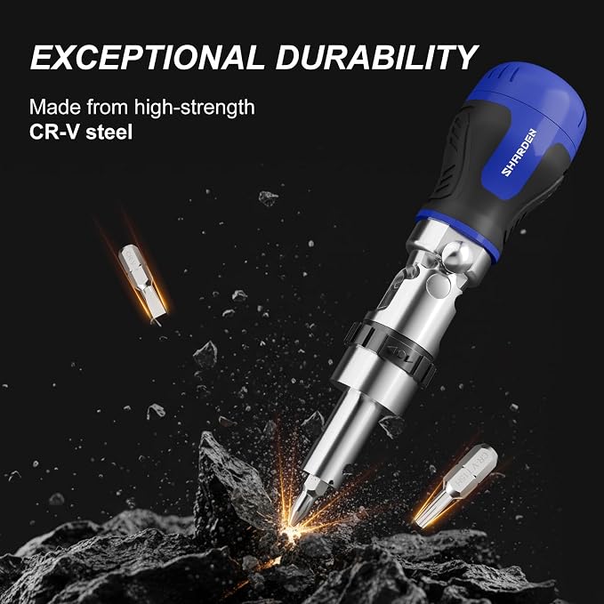 8 in 1 Stubby Ratcheting Screwdriver, Multi Bit Screwdriver Tool | All in One with 6 CRV Bits Phillips, Slotted, Torx,180 Degree Pivoting Adjustable Angle Screw Driver Set for Tight Spaces