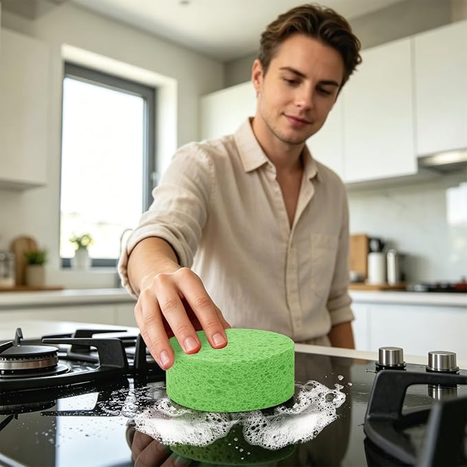 3-Pack Large Sponge, Kitchen Sponges, Handy Sponges, Cellulose Sponges, Dish Washing Sponge, Natural Sponge, Car Washing Sponge, Eco Friendly Sponge (Round, 4" X 4" X 2"), Green