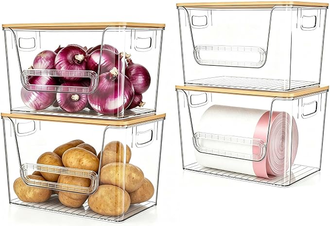 4 Pack Pantry Organizers and Storage with Bamboo Lids | Stackable Clear Plastic with Lid/Handle Trash Bag Holder for Vegetable,Fruit,Under Kitchen Sink Countertop Organizer