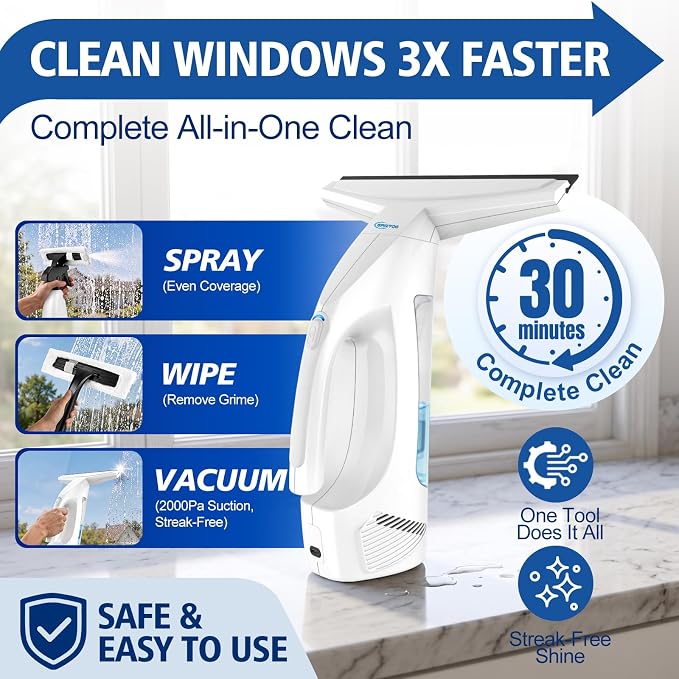 GARYOG Window Vacuum Squeegee Cordless,Electric Window Cleaner Kit with 31-40" Extendable Pole,2000Pa,2200mAh,150ml Tank,2 Squeegee Blades for Shower Glass,Tiles,Mirrors,Car.