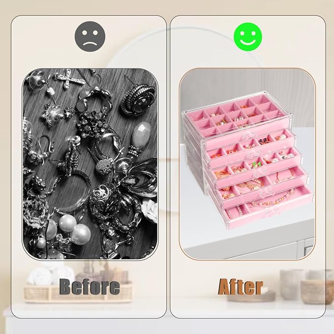GUOER Earring Organizer, Acrylic Jewelry Box with 5 Drawers for Women, Pink | Clear Earring Holder Organizer Box, Stud Earring Ring Display Storage Case Large, Adjustable Velvet Trays Girls Gifts