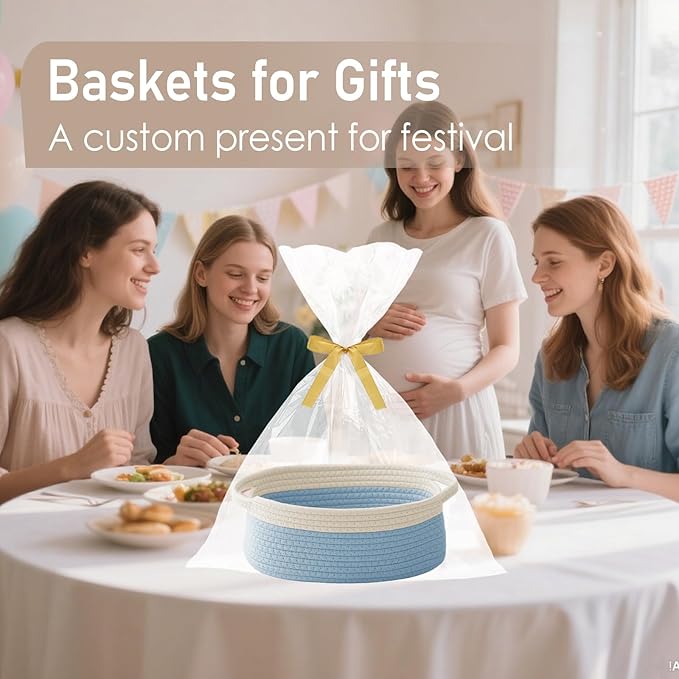 JMvicyroam Woven Basket,Small Rope Storage Bin with Handles & Ribbon Bag, Organizer for Shelves Closets,Gift Basket Empty for Birthday,Books,Dog Toys, White&Blue/2 Pack