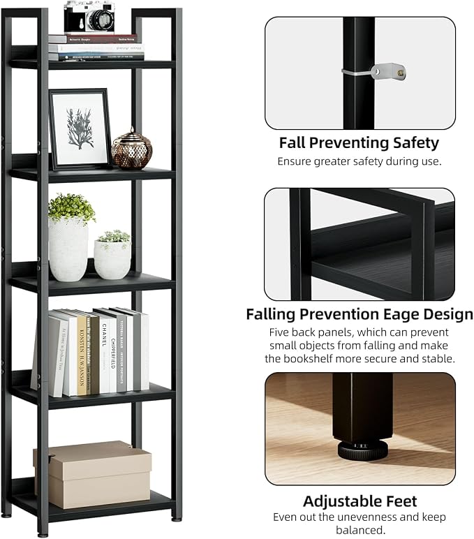 NUMENN Narrow Bookshelf, 5 Tier Bookshelves, Home Office Bookcase Shelf Storage Organizer, Free Standing Storage Shelving Unit for Bedroom, Living Room and Home Office, Black | Metal Frame & Wood Shelves, Falling Prevention Baffle, Open Storage Bookcas...